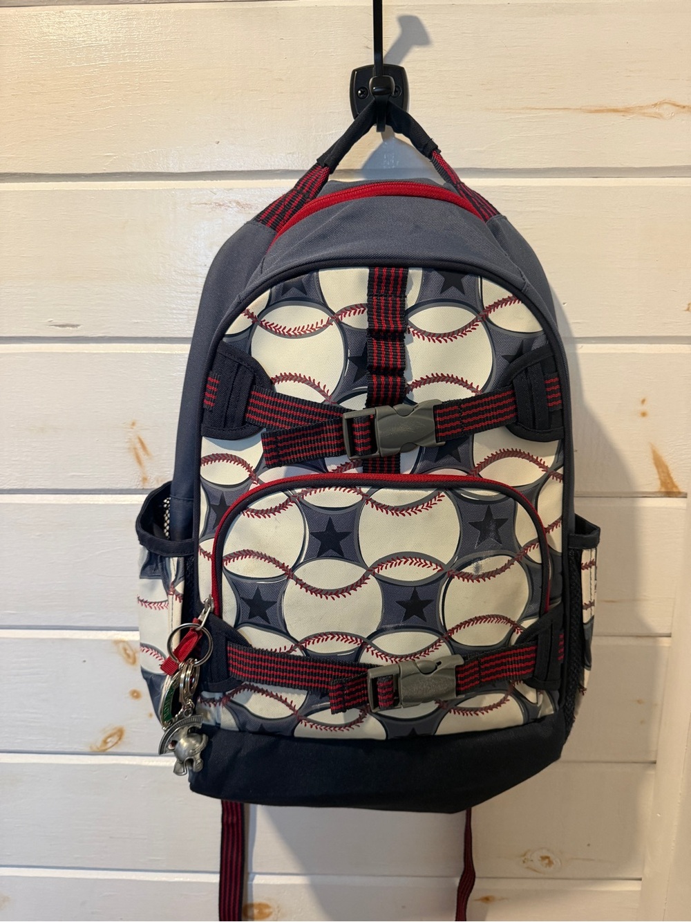 Pottery Barn Kids Navy, Gray & Red Baseball Pattern Backpack